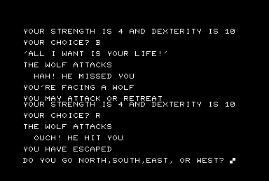 The Wizard's Castle (Commodore PET/CBM) screenshot: Wolves don't bargain much.