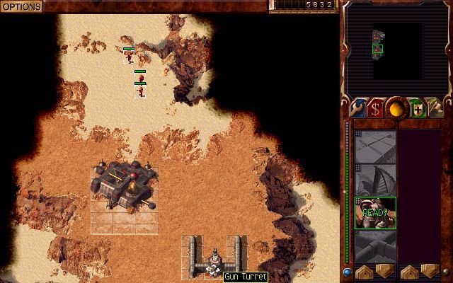 Dune 2000 (Windows) screenshot: The Harkonnen outpost guarded by the Light infantry