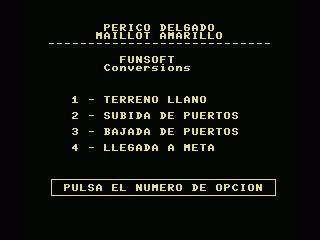 Perico Delgado Maillot Amarillo (MSX) screenshot: Four different cycling challenges