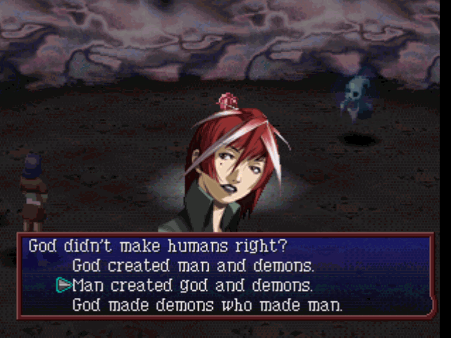 Persona 2: Eternal Punishment (PlayStation) screenshot: Ulala enters a deep metaphysical conversation with a randomly encountered slime monster. Seriously!