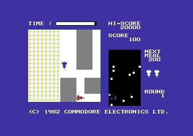 Radar Rat Race (Commodore 64) screenshot: On the run, quite near to 2 pieces of cheese