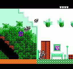 Pesterminator: The Western Exterminator (NES) screenshot: Flying bugs in the hotel level.