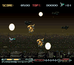 Phalanx (SNES) screenshot: Fire from the background while attacked from the front