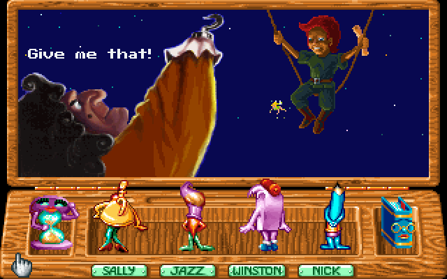 Peter Pan: A Story Painting Adventure (DOS) screenshot: Peter Pan enters and steals the map away from Hook