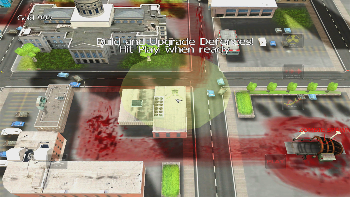 Zombie Crossing (Xbox 360) screenshot: When placing a turret, the direction it is facing can be changed (Trial version)