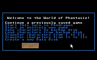 Phantasie III: The Wrath of Nikademus (Atari ST) screenshot: Game options at the start of the game