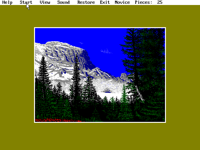 Jigsaw Puzzle (DOS) screenshot: The main screen.<br>The game is configured via the menu bar.<br>View changes the picture<br>Novice changes the pieces to the more difficult Master & Expert shapes
