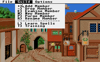 Phantasie III: The Wrath of Nikademus (Atari ST) screenshot: Player options at the guild