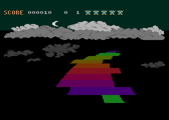 Rainbow Walker (Atari 8-bit) screenshot: Its night time and the rainbow is complete