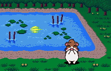 Dokodemo Hamster 3: O-Dekake Safuran (WonderSwan Color) screenshot: Reaching a lotus pond. The hamster looks satisfied. Time for a meditation and some thinking about Buddha and the noble eight stages of the path to enlightenment