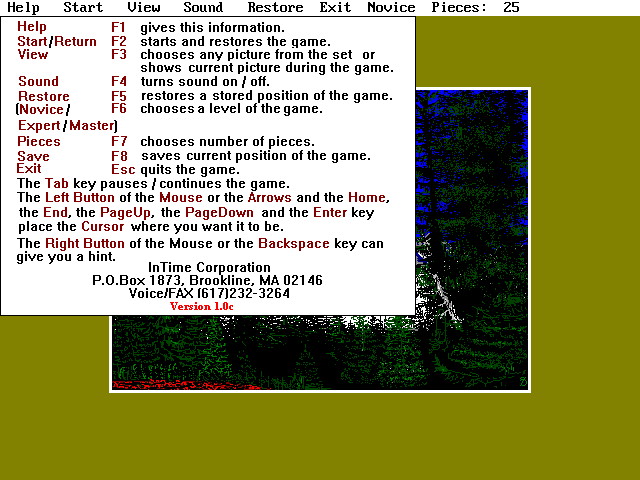 Jigsaw Puzzle (DOS) screenshot: The in-game help information