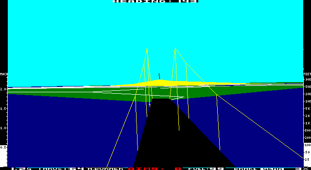 Jet: Version 2.0 (DOS) screenshot: Low level over suspension bridge (demo EGA)