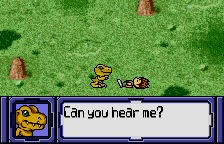 Digimon Anode & Cathode Tamer (Veedramon Version) (WonderSwan Color) screenshot: No, I can't hear you. Maybe because there is no voice acting in this game? What do you think, you silly monster?!