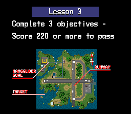 Pilotwings (SNES) screenshot: Before every lesson you get to see the lesson-map with the targets for the missions the lesson consists of