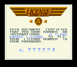 Pilotwings (SNES) screenshot: When you do score enough points you advance to the next lesson and receive a password. You can't save your game in between missions