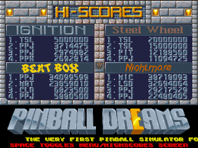 Pinball Dreams (Amiga) screenshot: Hi-Scores screen.