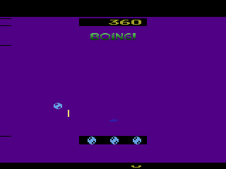 Boing! (Atari 2600) screenshot: Bubble Eater got popped. He is right above the center extra men. This is wave 1.