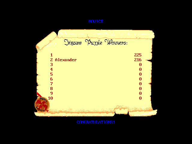 Jigsaw Puzzle (DOS) screenshot: The high score screen for the Novice puzzles