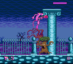 Pink Goes to Hollywood (Genesis) screenshot: Avoiding a walking tree on the graveyard