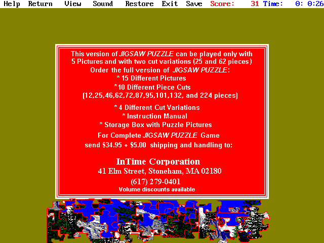 Jigsaw Puzzle (DOS) screenshot: As the game exits it reminds the player of the benefits of registration