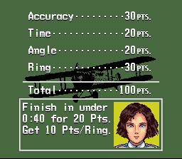 Pilotwings (SNES) screenshot: Scoring explained, on every mission you can earn 100 points by: 1. performing the mission objective (like going through a series of rings), 2: performing your task within a certain time and 3: executing an accurate and controlled landing.