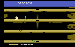 Pitfall II: Lost Caverns (Atari 2600) screenshot: Some treasure, and a checkpoint in view