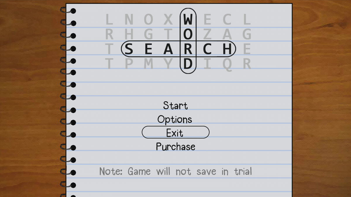 Word Search (Xbox 360) screenshot: Main menu (Trial version)