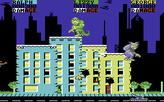 Rampage (Commodore 64) screenshot: Smashing buildings (Europe version)