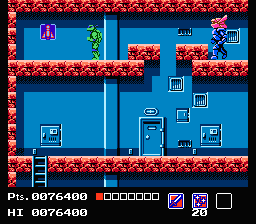 Teenage Mutant Ninja Turtles (NES) screenshot: Area 3 - Wall Street. Finding these missiles around the area can blow barricades blocking the turtles path