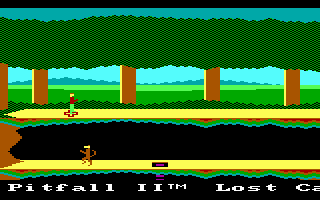 Pitfall II: Lost Caverns (PC Booter) screenshot: Title screen; titles scroll along the bottom
