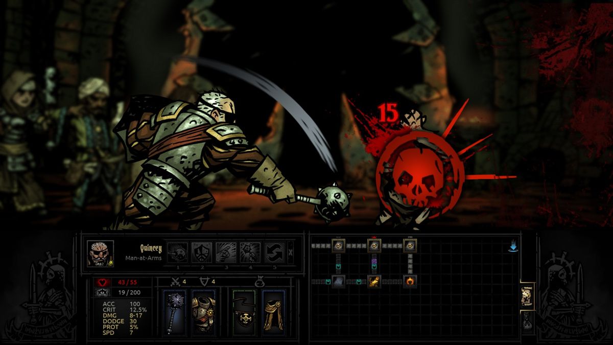 Darkest Dungeon (Windows) screenshot: Many turns and cleavers to the head later, we've won. Quincey here is bashing Wilbur the Swine King's adjutant's head to a pulp. That is, after his boss had bit it too.