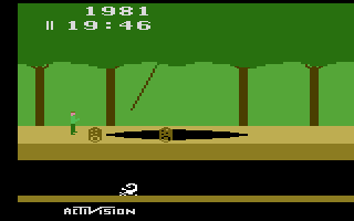 Pitfall! (Atari 2600) screenshot: Use ropes to swing over bottomless pits and swamps