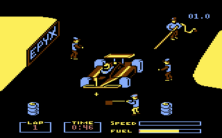 Pitstop (Commodore 64) screenshot: In the pit making repairs