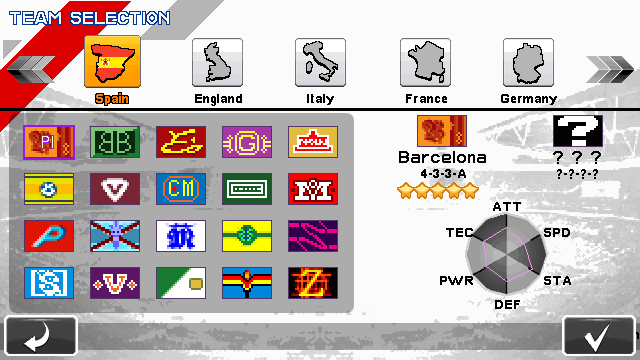 Real Soccer 2012 (J2ME) screenshot: Browsing the Spanish clubs (640x360 version).