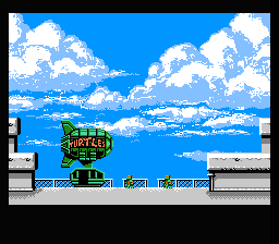 Teenage Mutant Ninja Turtles (NES) screenshot: Boarding the Blimp to get to Shredders Base in the South Bronx