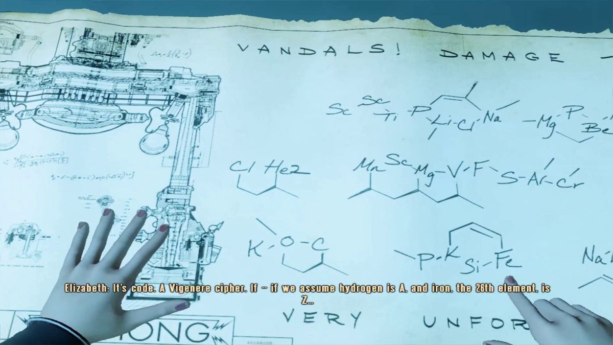 BioShock Infinite: Burial at Sea - Episode Two (Macintosh) screenshot: The Lutece device plans in Suchong's lab needs repair viewing the details