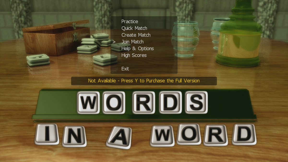 Words in a Word (Xbox 360) screenshot: Main menu (Trial version)