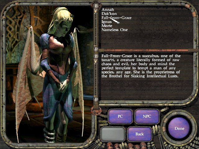 Planescape: Torment (Windows) screenshot: Inside the Journal, take a look at characters (NPCs and PCs) and read a bit about them.