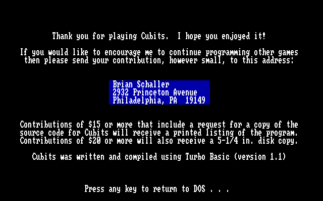 Cubits (DOS) screenshot: A note from the author