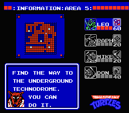 Teenage Mutant Ninja Turtles (NES) screenshot: Area 5 - Overmap - Shredders Base in South Bronx