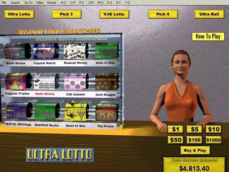 Vegas Jackpot Gold (Windows) screenshot: This shop sells lottery scratch cards. There are five types of lottery selected via the gold tiles at the top of the screen, each has twelve cards that can be bought with six denominations