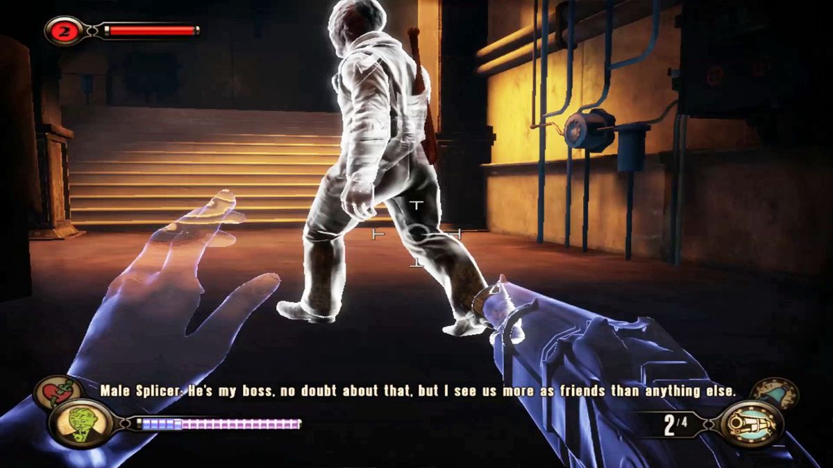 BioShock Infinite: Burial at Sea - Episode Two (Macintosh) screenshot: Peeping Tom to the rescue as the splicer walks right by me