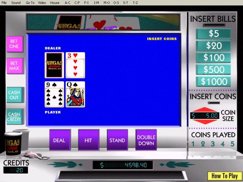 Vegas Jackpot Gold (Windows) screenshot: Video Blackjack, this is one of several such machines. here, and in all machines, the stake can only be altered when there is no cash in the machine