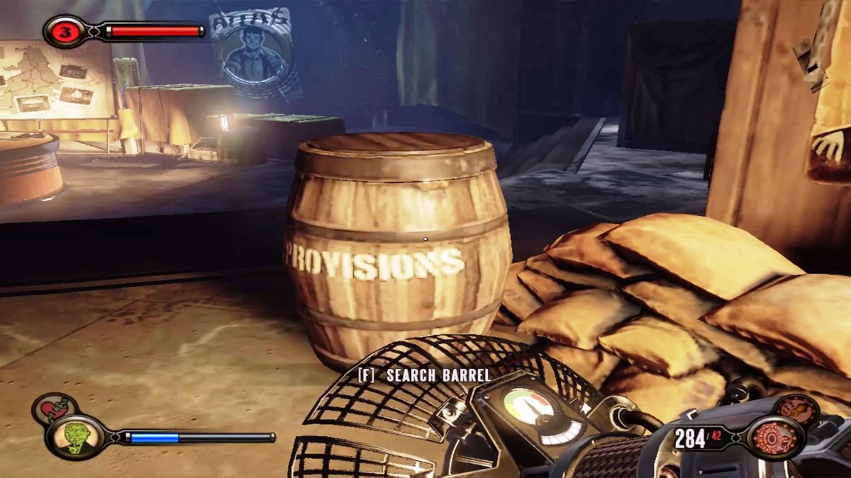 BioShock Infinite: Burial at Sea - Episode Two (Macintosh) screenshot: Atlas and his ammo stockpile - time to loadup