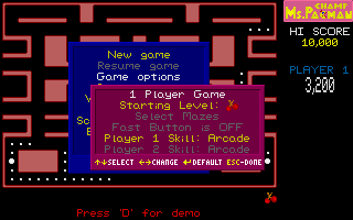CHAMP Ms. Pacman (DOS) screenshot: The first screen of the 'start a new game' dialogue