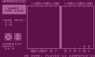 Fastgammon (Atari 8-bit) screenshot: Game lost