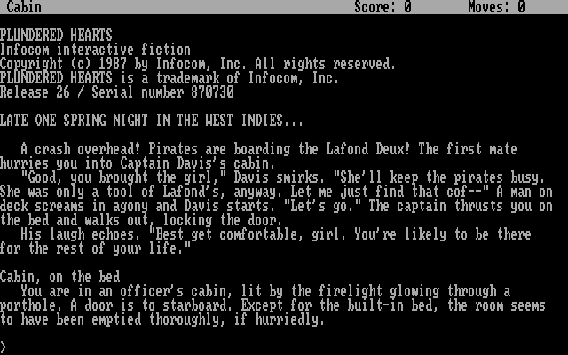 Plundered Hearts (DOS) screenshot: opening screen