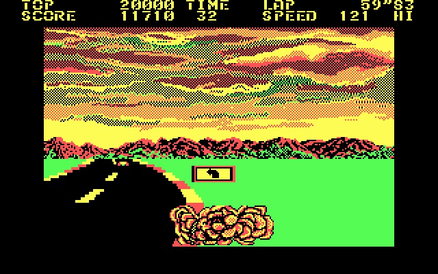 Pole Position II (DOS) screenshot: a crash (CGA)
