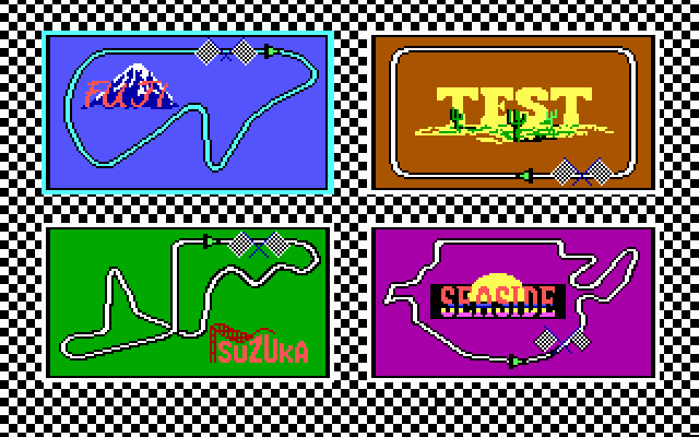 Pole Position II (DOS) screenshot: Choose a track to race on (EGA)