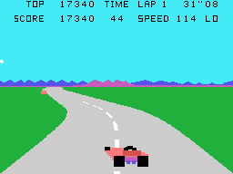 Pole Position (TI-99/4A) screenshot: The roadway has many twists and turns